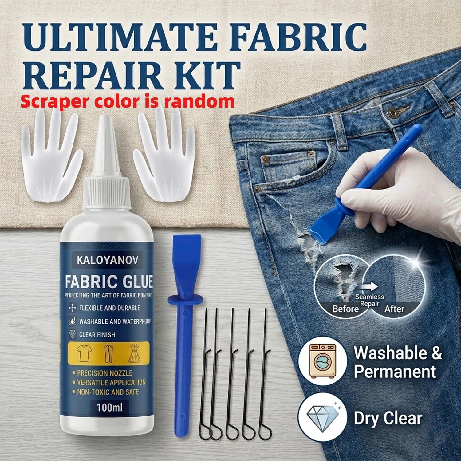 100ml Fabric Glue Set Washable Waterproof Permanent Clear Adhesive with Scraper Clips Gloves for Clothes Denim DIY Repair No Sew