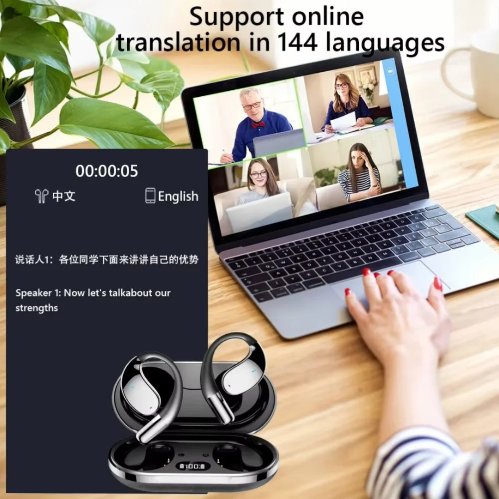 Bluetooth 5.4 Earphones AI Real Time Translation Support 144 Language Wireless Earbuds HiFi Noise Reduction Headphones Ear-hook