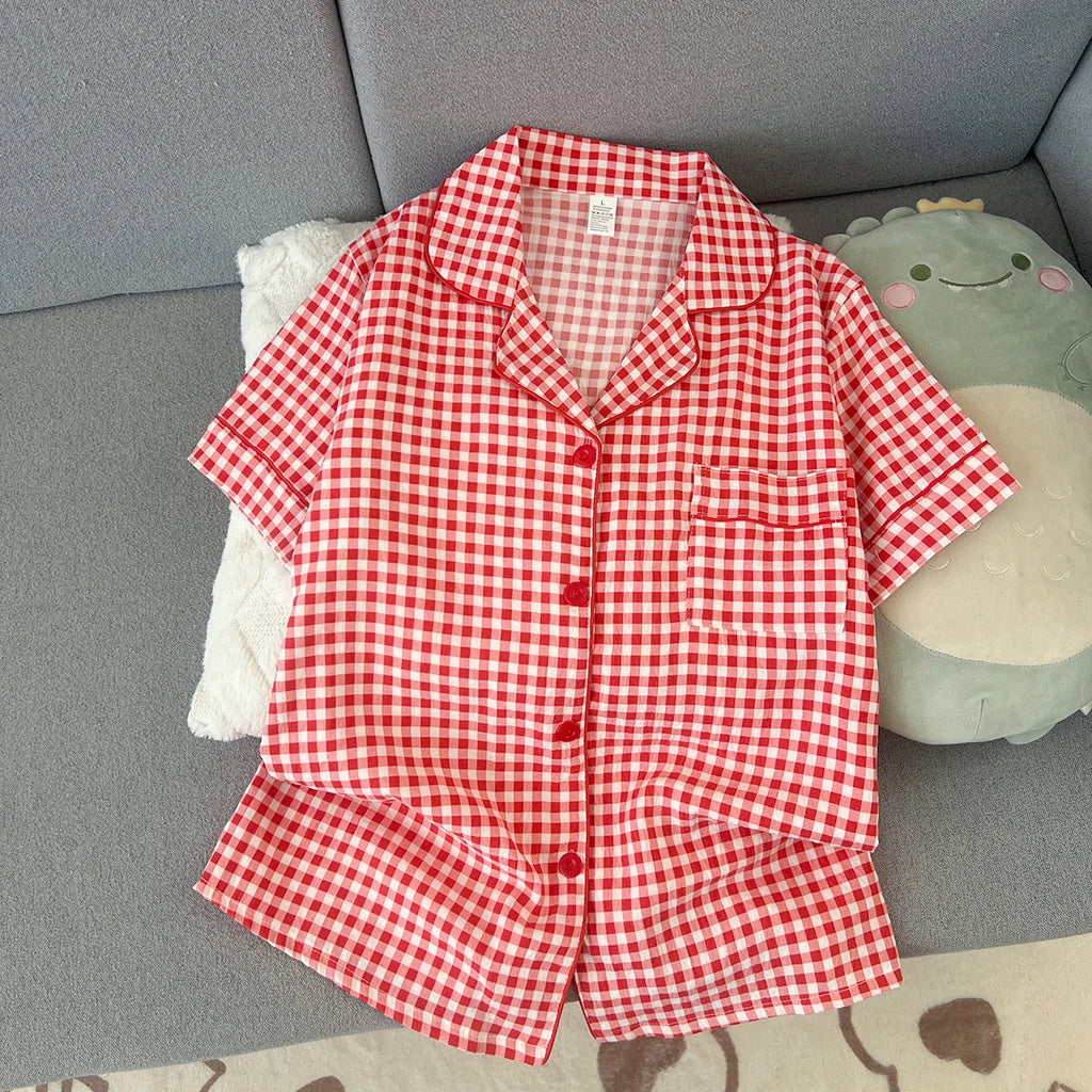 Women's Summer Pajamas, Thin Plaid Pattern Short-Sleeved Shorts, Sweet and Cute, Can Be Worn Outside in Summer, Two-Piece Home Wear Set