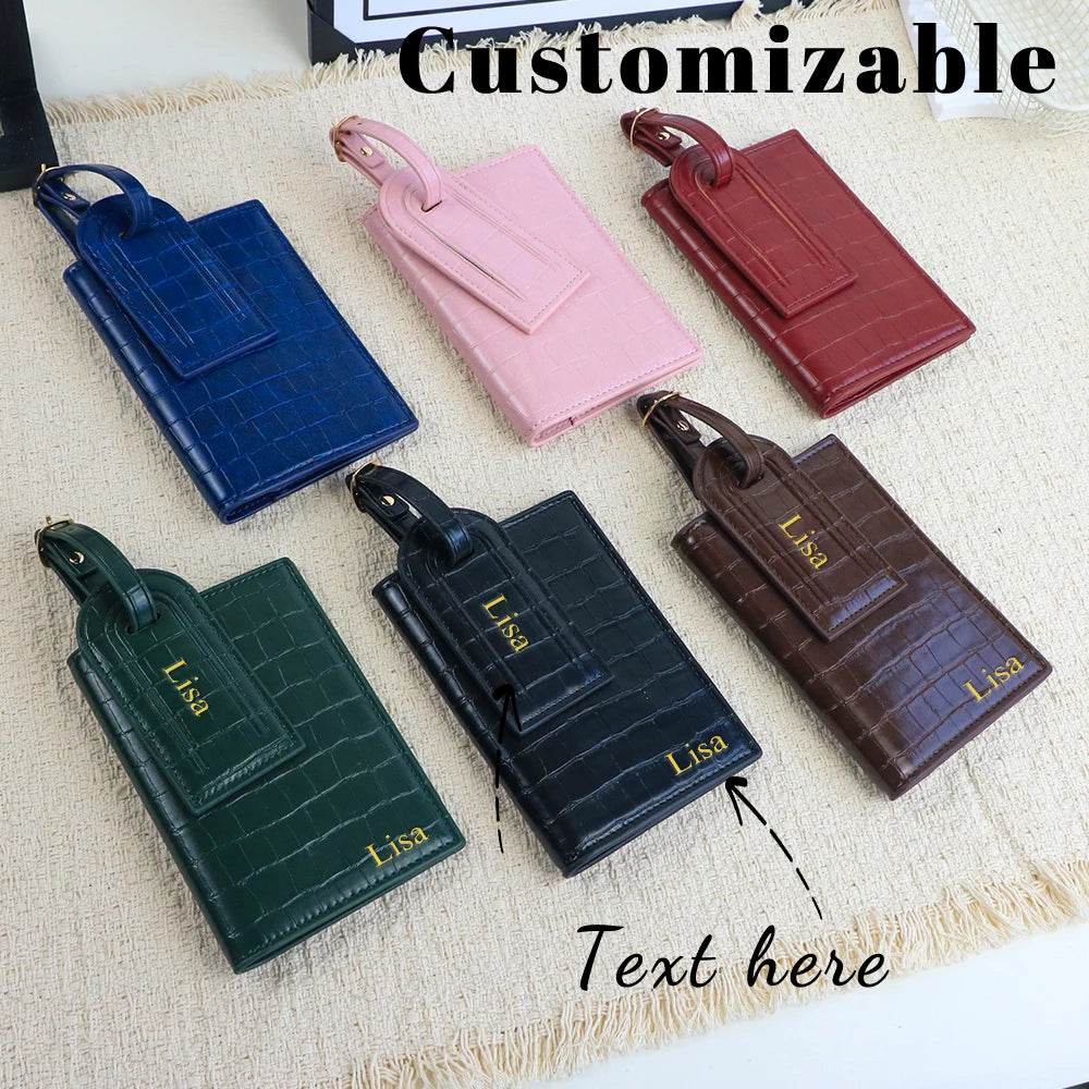 Customized Name PU Leather Crocodile Skin Pattern Luggage Tag + Passport Holder Set for Luggage Bag Accessories
