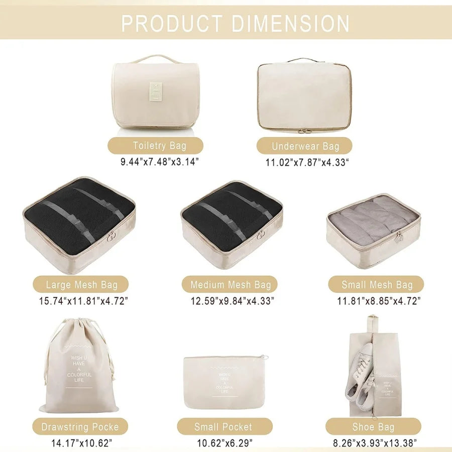 8Pcs/Set Travel Organizer Storage Bags Suitcase Packing Cubes Set Cases Portable Luggage Clothes Shoe Tidy Pouch Folding