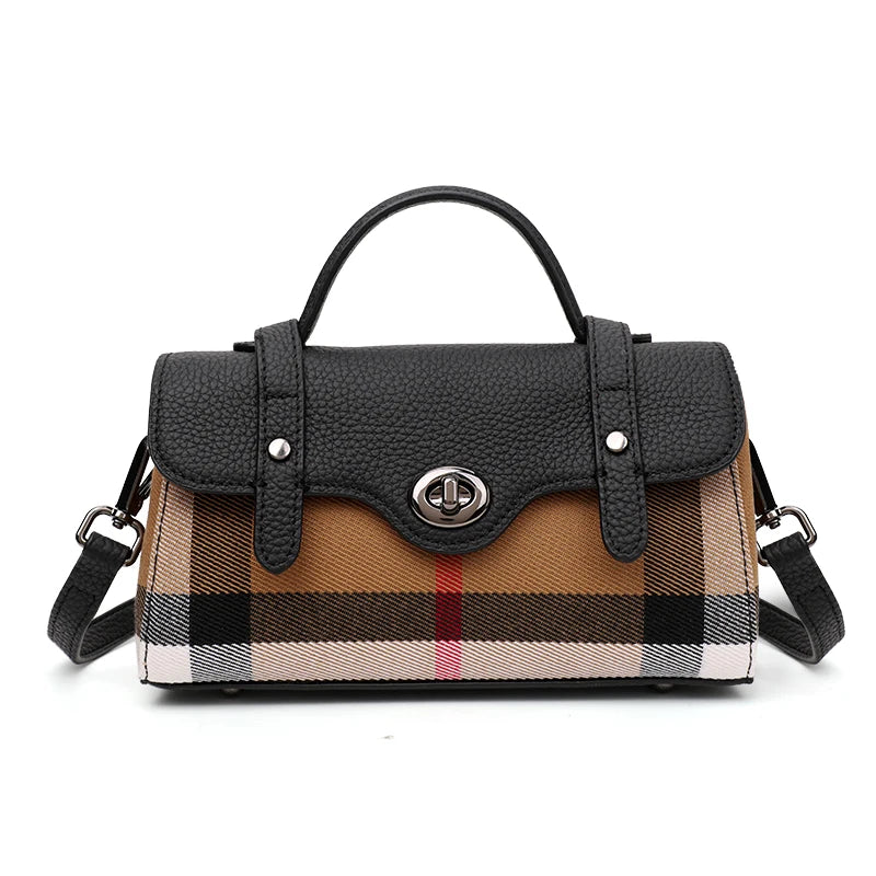 Aidrani  Classic plaid single shoulder crossbody bag, canvas patchwork cowhide mini bag