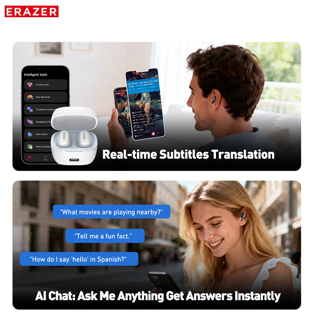 Erazer XF65 Bluetooth Earphones 135 Language AI translator Earbuds Low Latency Lanyard Long Battery Soft Wireless Headphones
