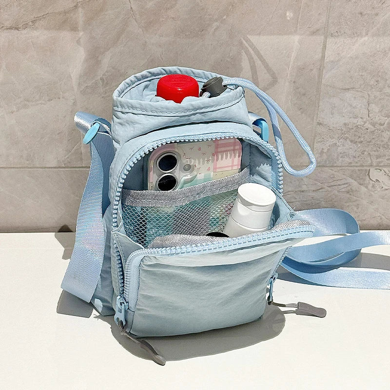 Drawstring Water Bottle Holder Crossbody Bag, Mini Shoulder Pouch, Portable Sling Bag with Phone Pocket for Daily Women Outdoor