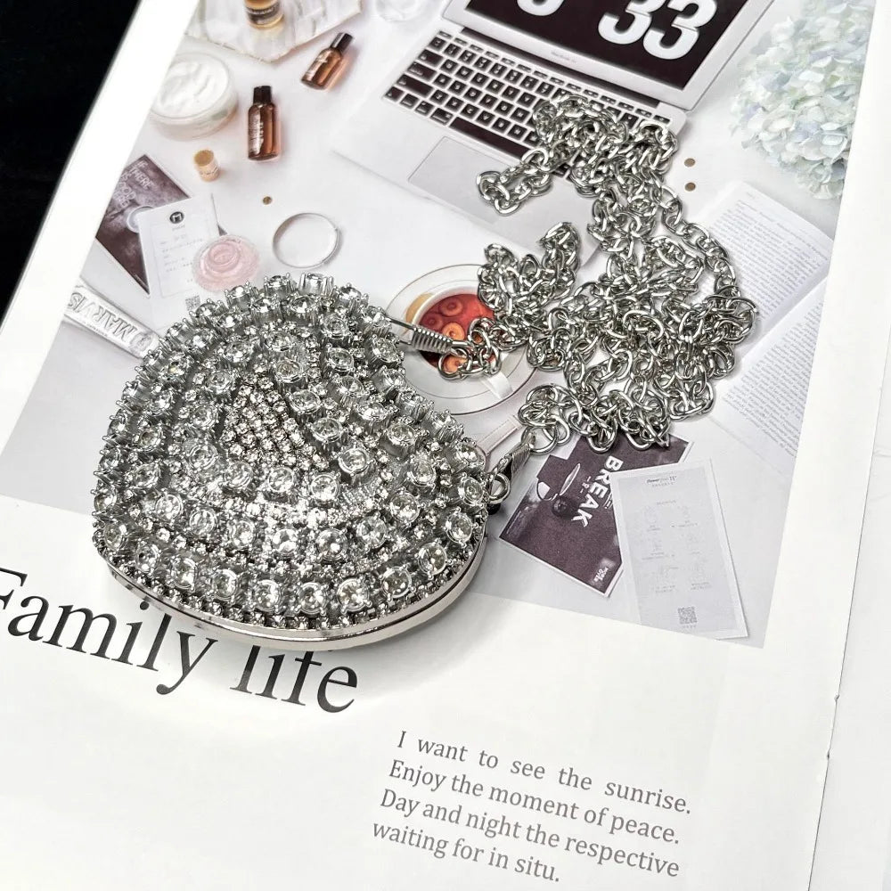 Luxury Rhinestones Ladies Evening Bag Mini Heart Shape Shoulder Bag Portable Handle Rhinestone Handbags Evening Wedding Party