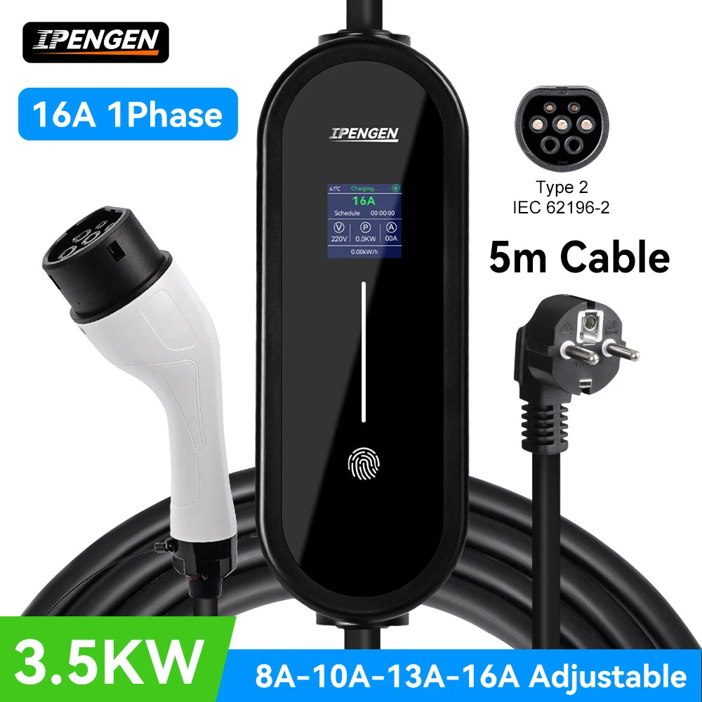 IPENGEN 3.5KW Portable EV Charger 5M Cable Type2 IEC62196/ GB/T Connector 16A 1Phase Type1 Wallbox Charging for Electric Vehicle