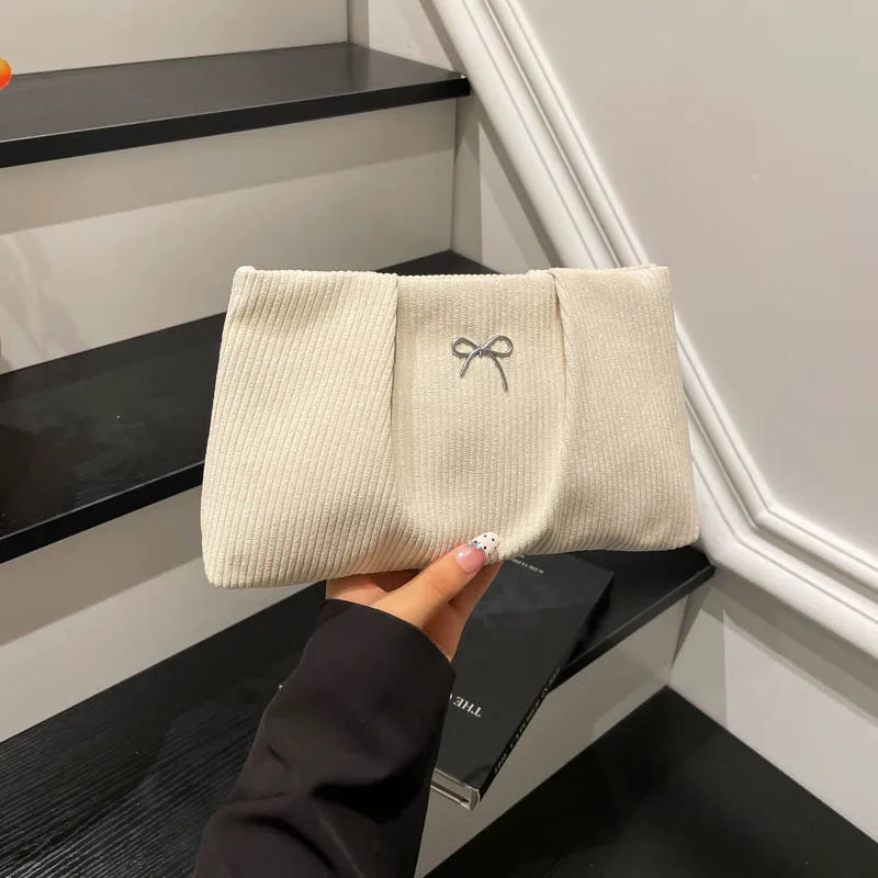 Bow Decoration Corduroy Women's Bag Female Large Capacity Cosmetic Bag Fashion Clutches Purse For Women