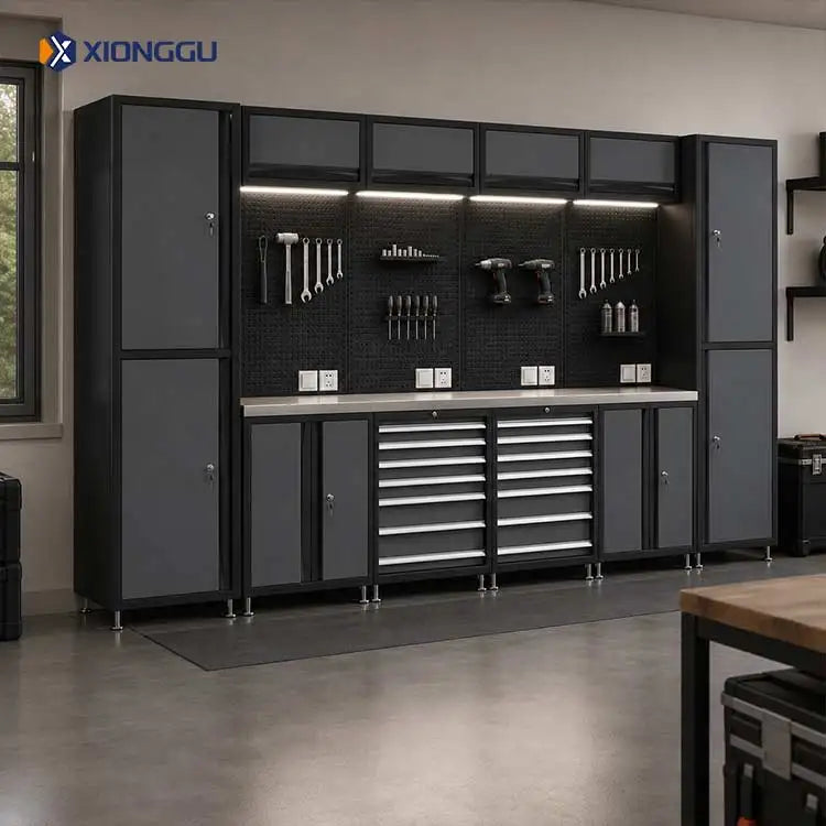 Heavy Duty Industrial Garage Workbench With Pegboard Tool Storage System Modular Cabinet For Automotive Workshop Maintenance