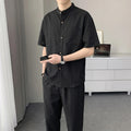 Men's Cotton Linen Blend 2-Piece Set, Stand Collar Short Sleeve Shirt & Pants, Breathable Casual Summer Outfit for Daily Wear