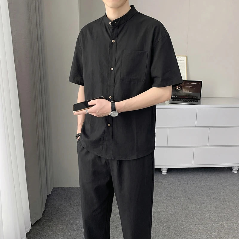 Men's Cotton Linen Blend 2-Piece Set, Stand Collar Short Sleeve Shirt & Pants, Breathable Casual Summer Outfit for Daily Wear