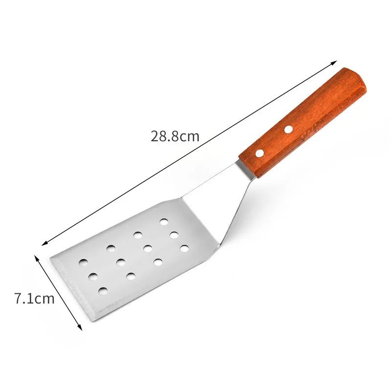 Stainless Steel Square Head Steak Cooking Spatula Wood Handle Pizza Shovel Pancake Beef Turner Scraper BBQ Utensils For Kitchen