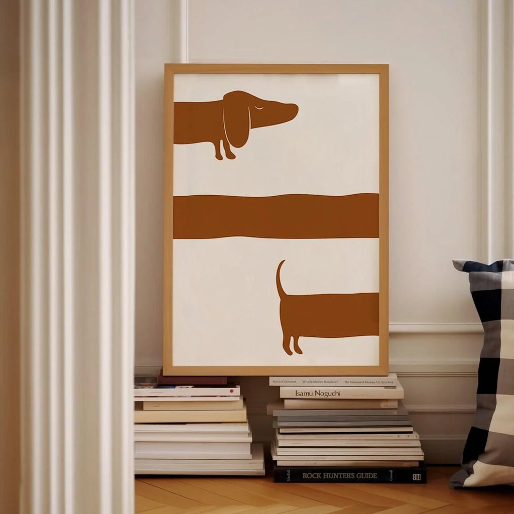 Playful Mid-Century Dog Wall Art - Textured Impasto Print of Curious Dachshunds, Blending Clean Geometric Lines with Warm Earth