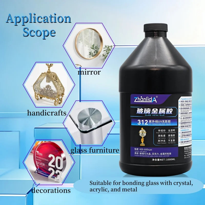 312 UV Shadowless Adhesive Clear Plastic Super Glue Soft Bonding Acrylic Rubber Glass Metal Jewelry With Flash Light Fast Curing