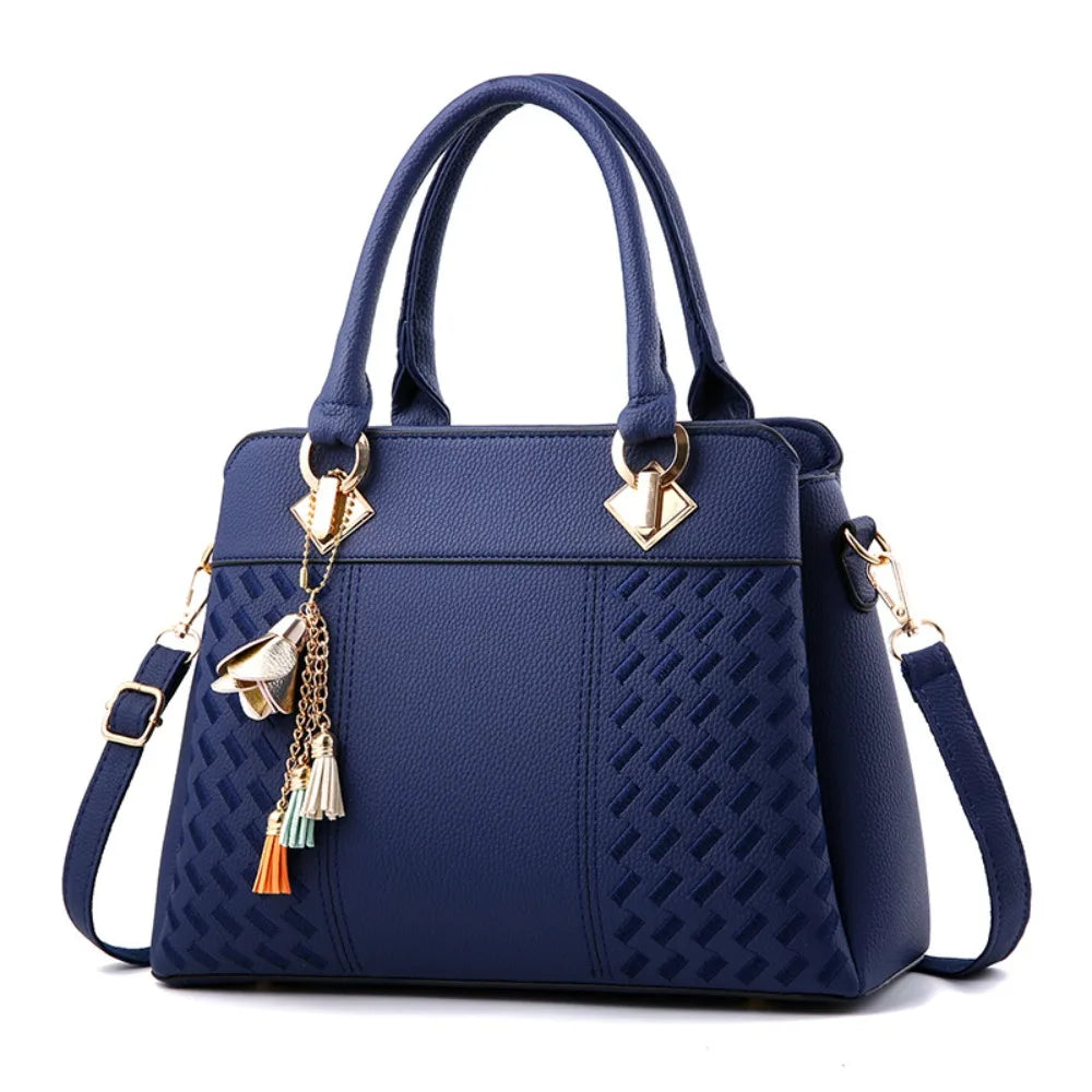 Casual PU Leather Shoulder Bags with Pendant Solid Color Ladies Handbags Large Capacity Embossed Crossbody Bag