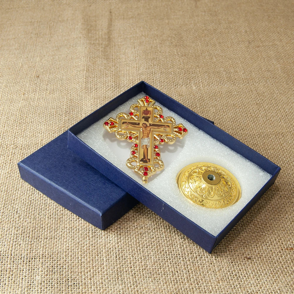 Byzantine Orthodox Standing Crucifix Gold Red Rhinestone Cross Altar Church Home Decor Jesus Icon Religious Christian Gift