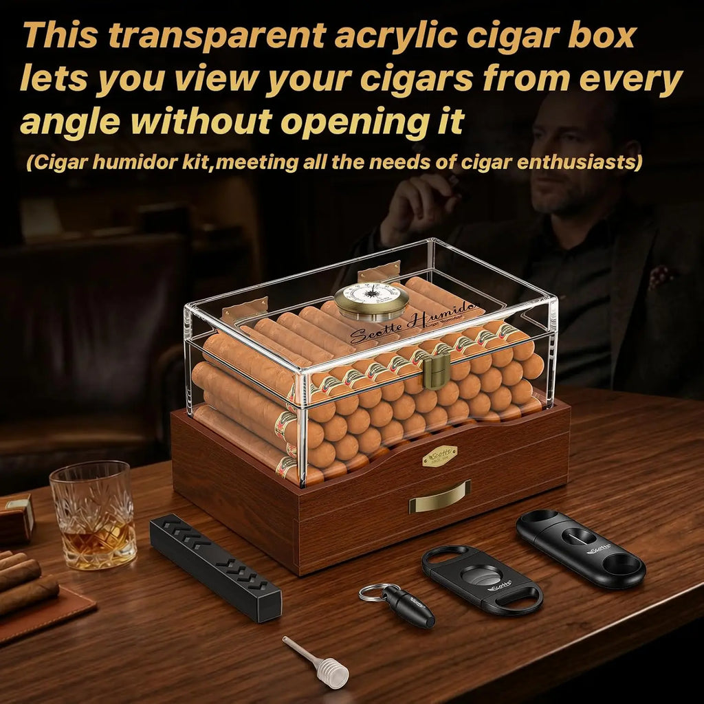 Acrylic Desktop Cigar Humidor with Hygrometer&Humidifier, Humidor Kit Include Cigar Cutter Cigar Punch Cedar Wood Piece
