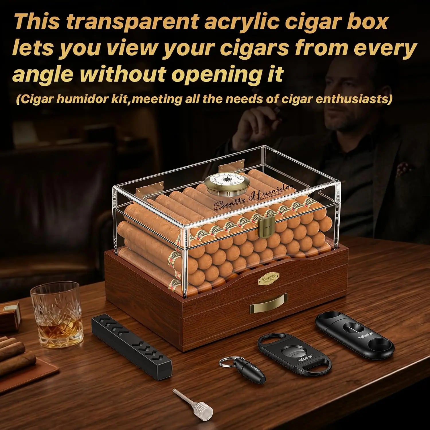 Acrylic Desktop Cigar Humidor with Hygrometer&Humidifier, Humidor Kit Include Cigar Cutter Cigar Punch Cedar Wood Piece