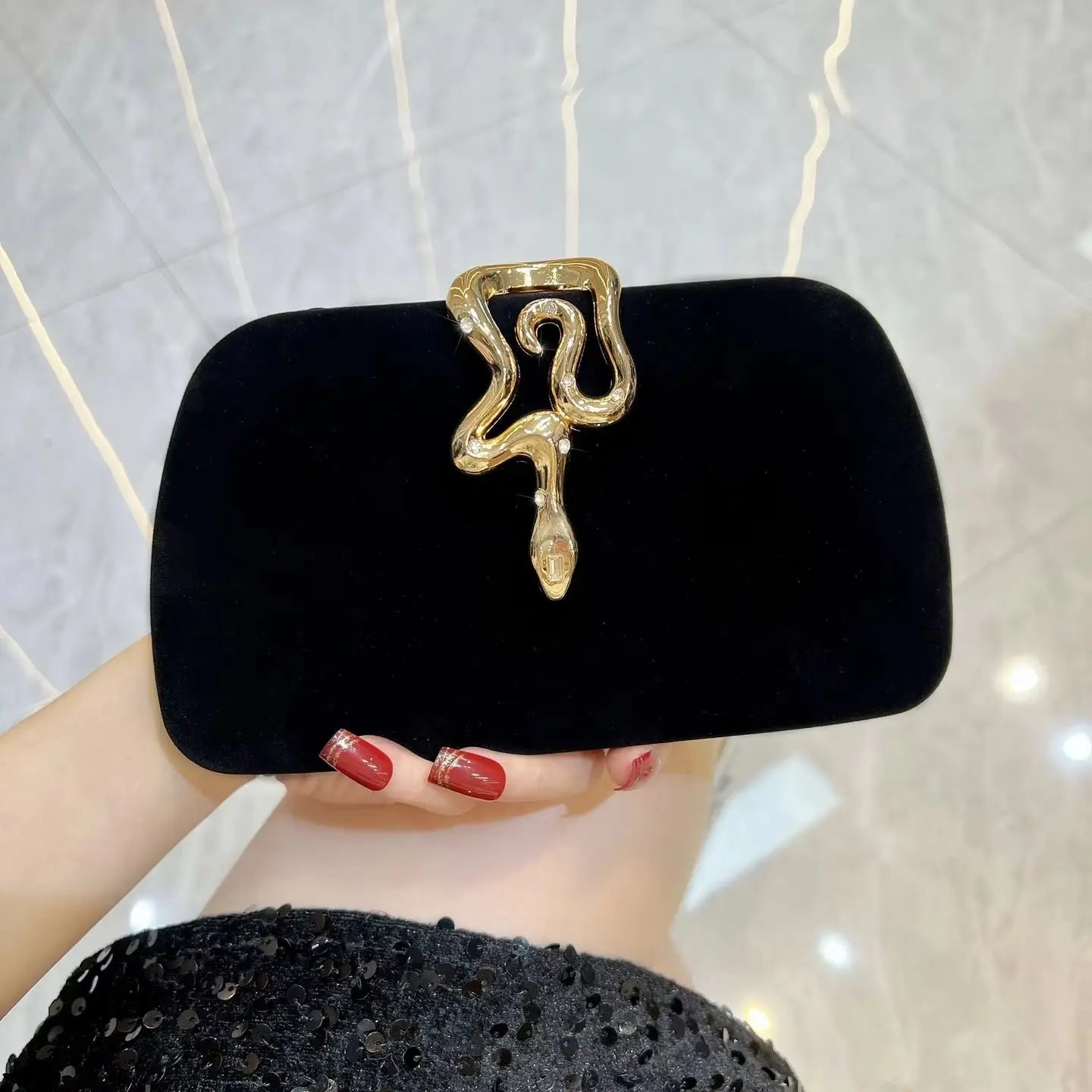 New Velvet Clutch for Women, Elegant Crossbody Bag with Snake-Shaped Buckle & Rhinestone Decoration, Luxury Evening Handbag