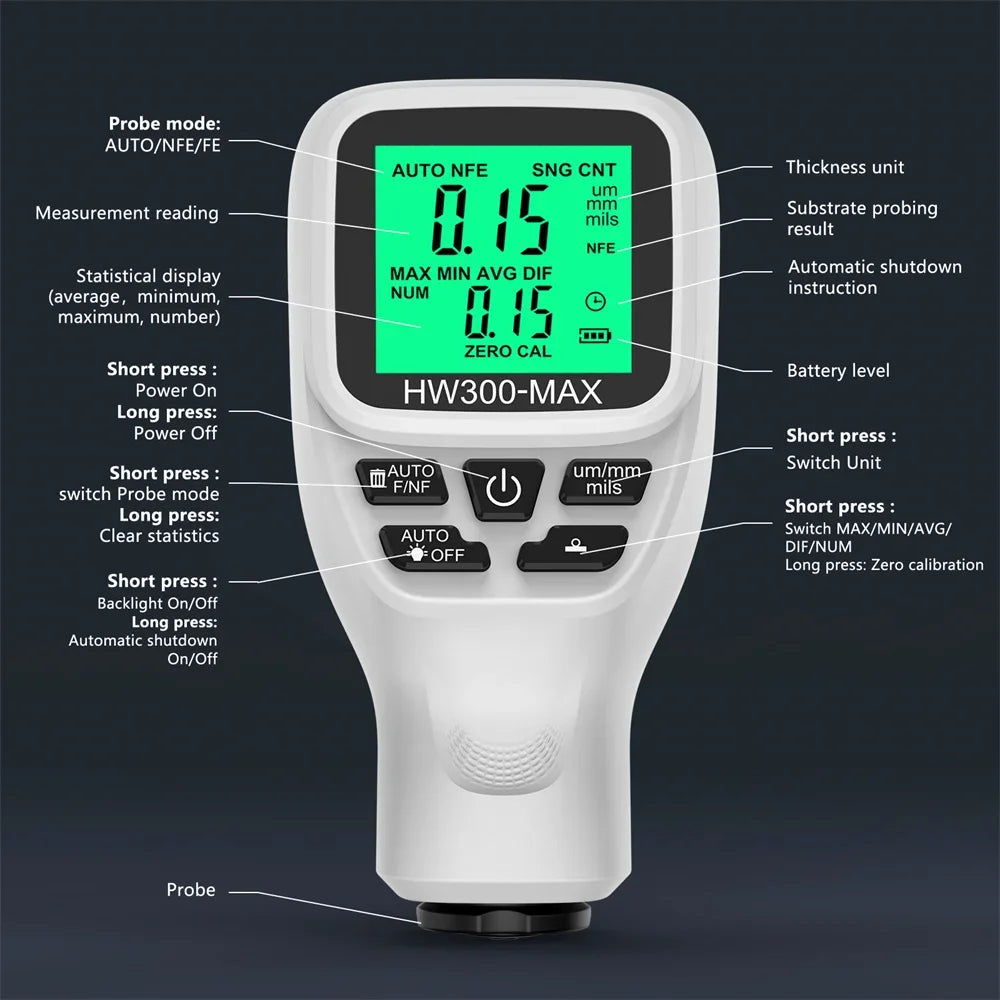 HW-300 Car Paint Film Thickness Tester 0-2000UM Coation Thickness Gauge Automotive Paint DFT Meter Car Coating Measuring Tools