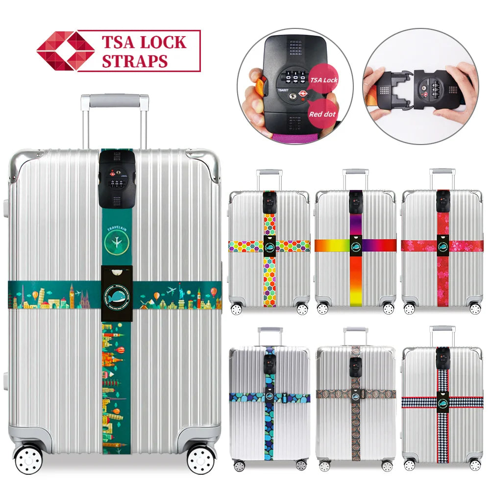 TSA Combination Lock Luggage Straps Adjustable Packing Belts Travel Abroad Customs Lock Binding Straps for 20-32 inch Suitcase
