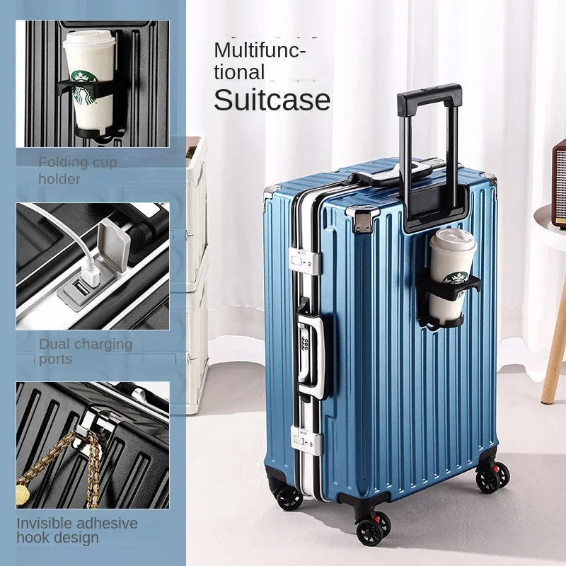 Trolley Luggage 20 26 30" Aluminium-framed Suitcase with Silent Wheels Unisex High-capacity Rolling Luggage Password Suitcase