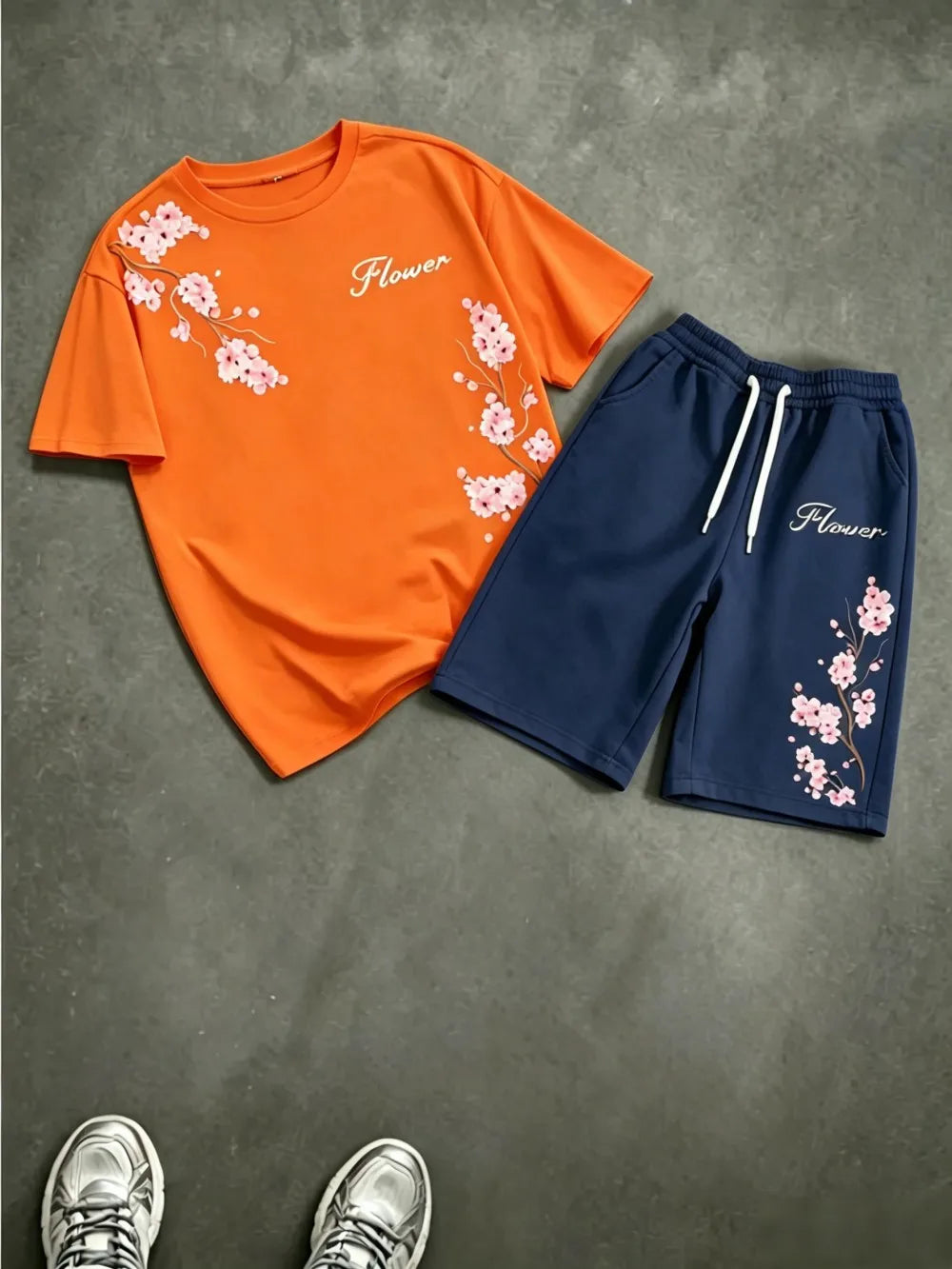 American men's summer cherry blossom print comfortable breathable round neck T-shirt drawstring shorts set outdoor casual wear
