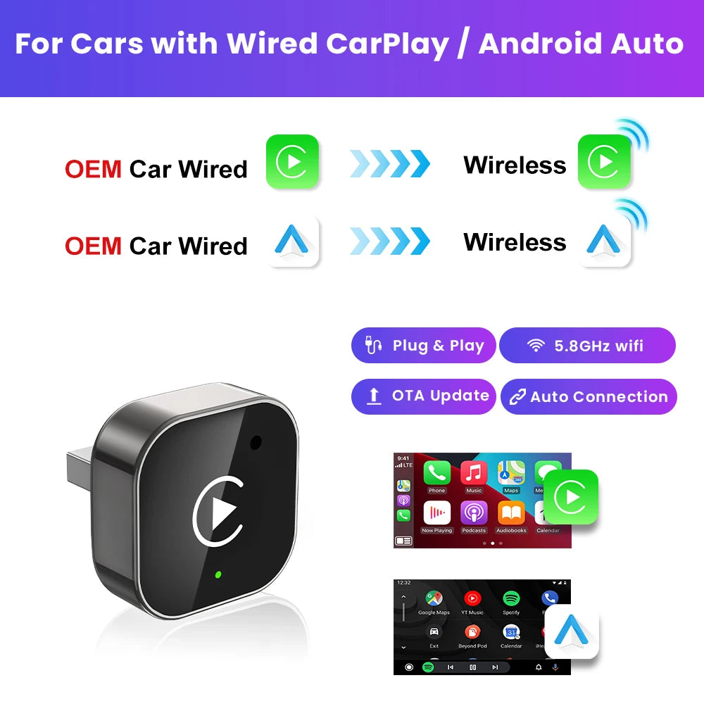 Wireless Carplay Android Auto Wireless Adapter Smart Dongle 2in1 2.4G & 5.8Ghz WiFi BT Auto Connect Plug&Play For Wired AA CP