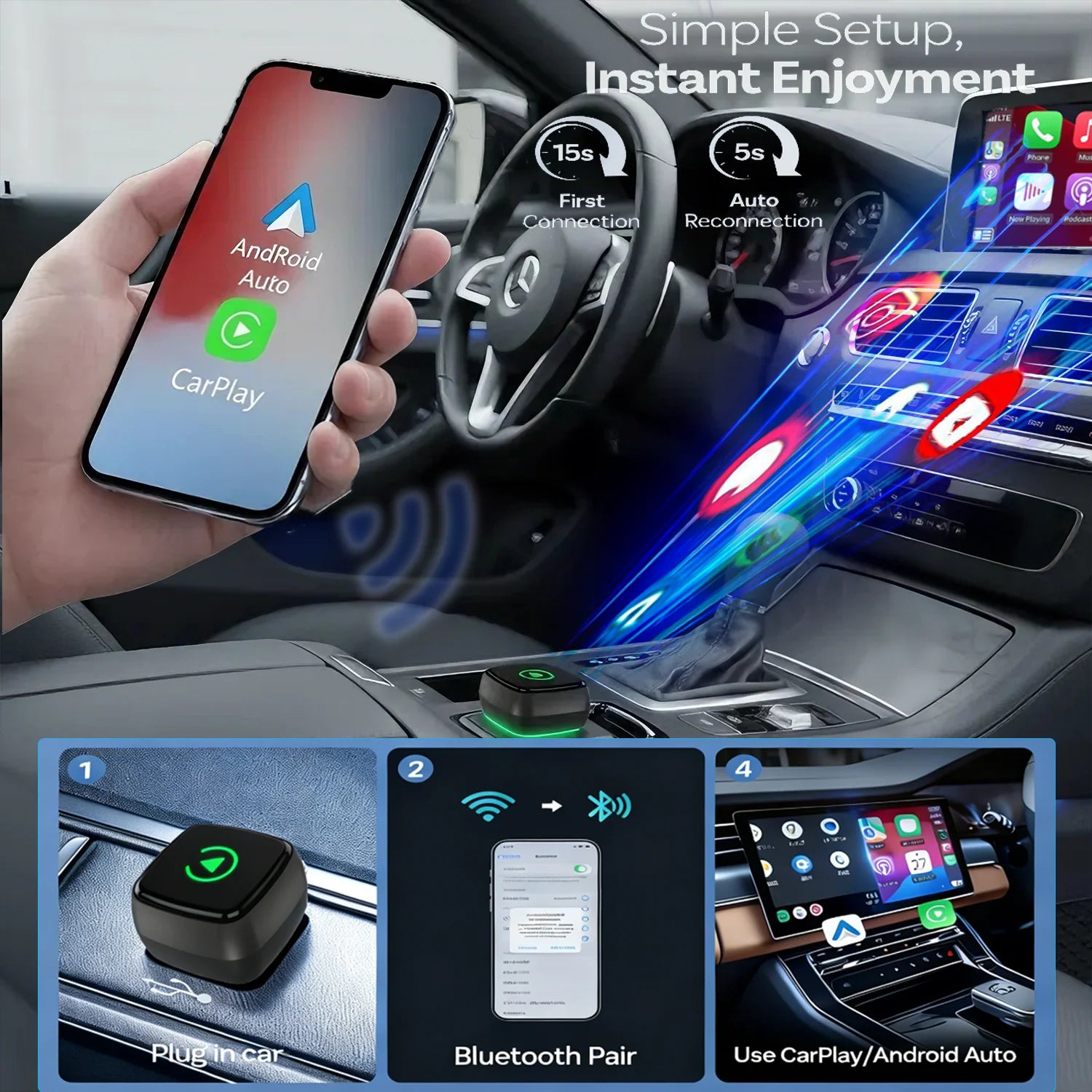 Wireless CarPlay Adapter - Android Auto Adapter, Plug & Play, Mini Stable, iOS 10+/Android 10+, Fast Auto Connect for Cars 2016+
