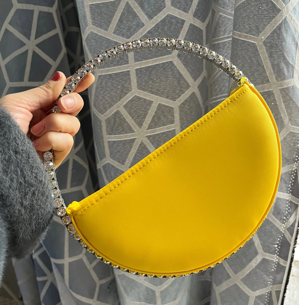 New Arrival Trendy Women Chic Round Satin Crossbody Hand Bag with Round Bling Crystal Handle Evening Party Bag Purse