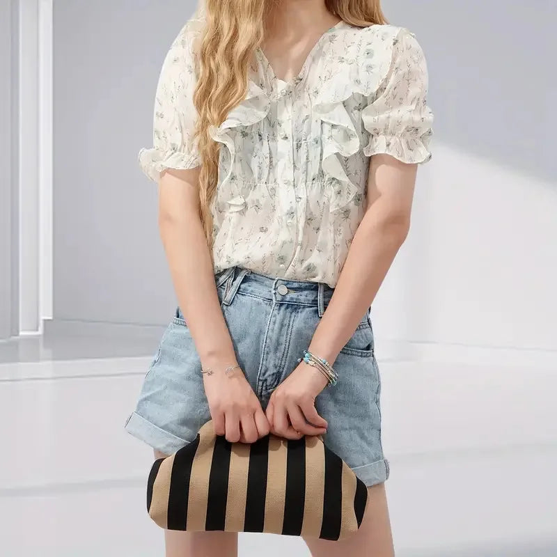 Woven Crochet Handbag Striped Colorblock Clutch Purse Ruched Bag Versatile Casual Beach Clutch Bag For Daily Commute Vacation