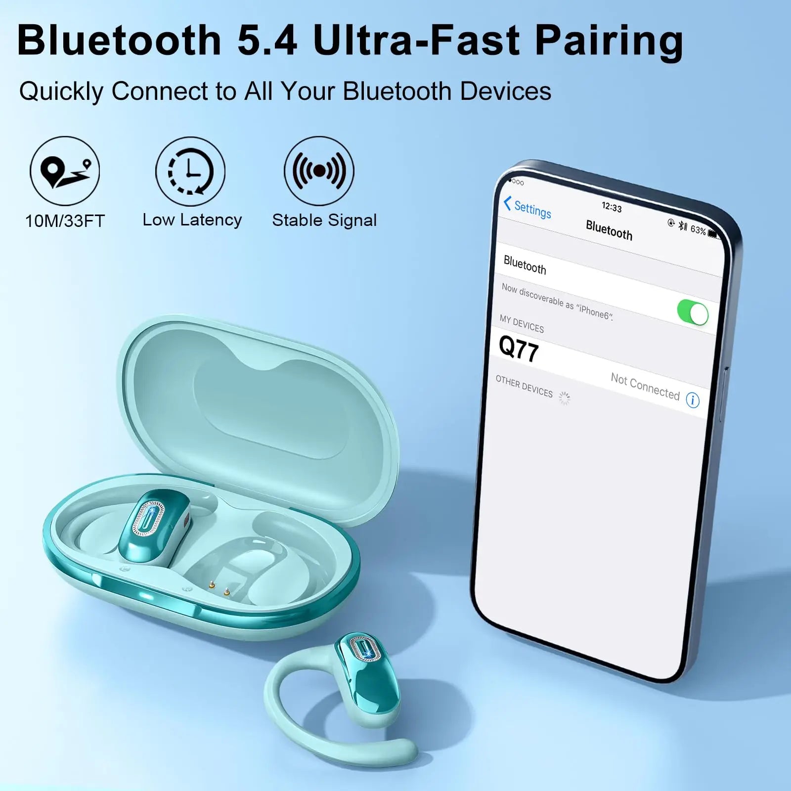 Open Ear Wireless Earbuds Bluetooth 5.4 Headphones 50H Battery Life IPX7 Waterproof Touch Control Running Sport Earphones.