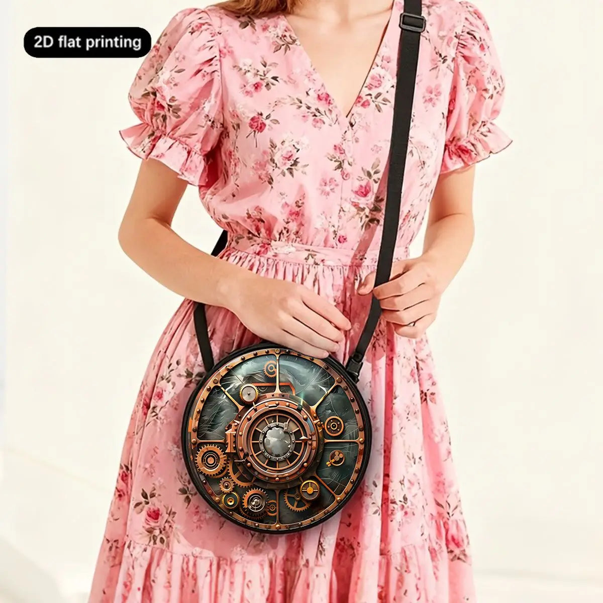 Gear Print Round Shoulder Bag Casual Messenger Bag Daily Adjustable Strap Crossbody Bag for Woman Best Gifts 2D Flat