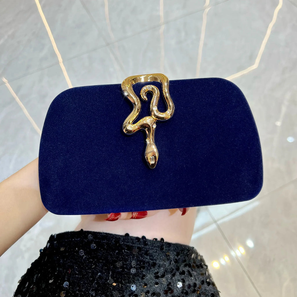New Velvet Clutch for Women, Elegant Crossbody Bag with Snake-Shaped Buckle & Rhinestone Decoration, Luxury Evening Handbag