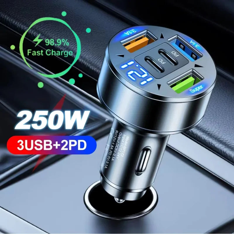 250W 5-in-1 PD QC3.0 Car Charger Fast Charging USB C for IPhone,Samsung Galaxy, IPad Pro, Multi-Port Cigarette Lighter Adapter
