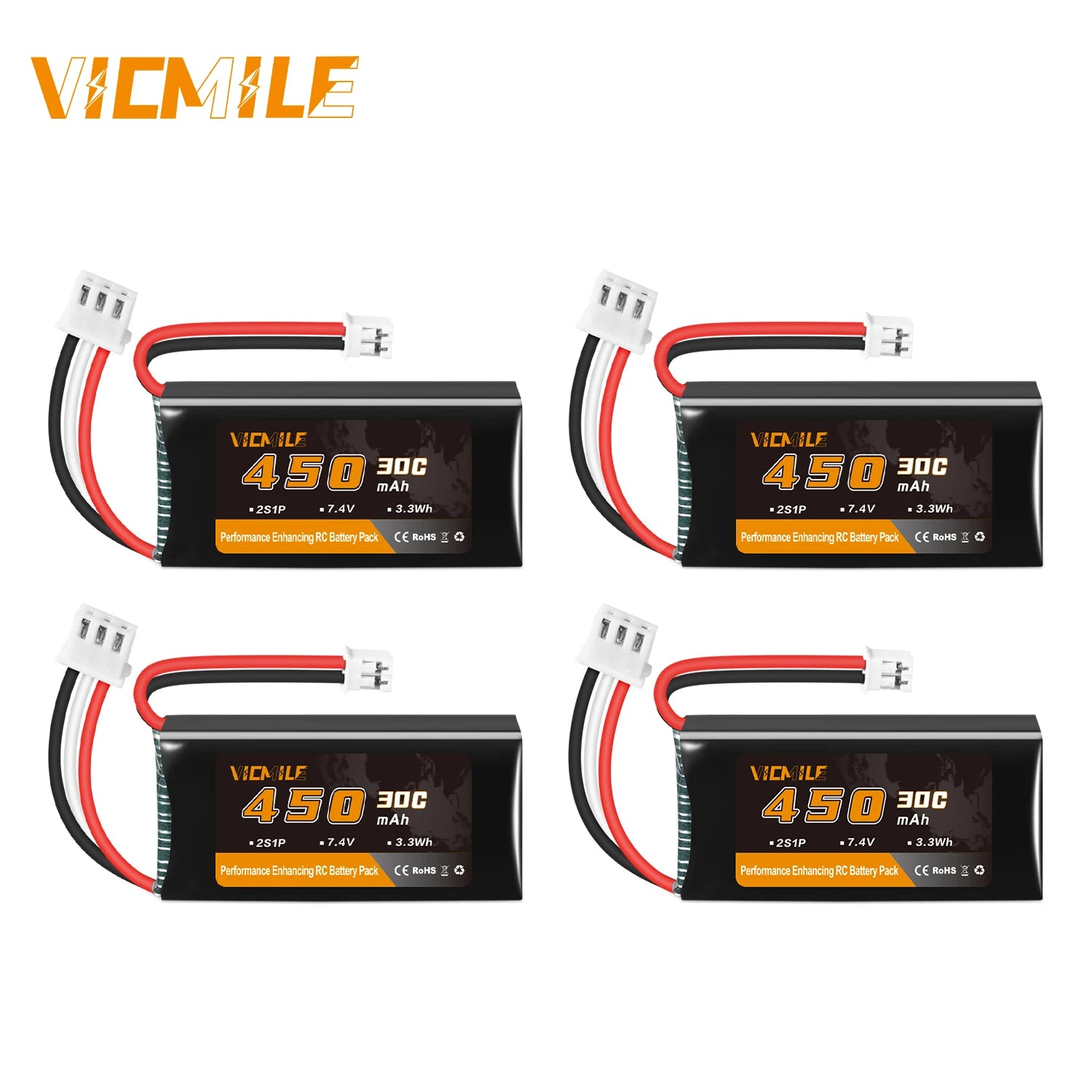 VICMILE SCX24 Battery 7.4V 450mAh Lipo Battery 2S 30C Rechargeable Lipos with PH2.0 Plug Fit for Most 1/10, 1/16, 1/18, 1/24 Sca