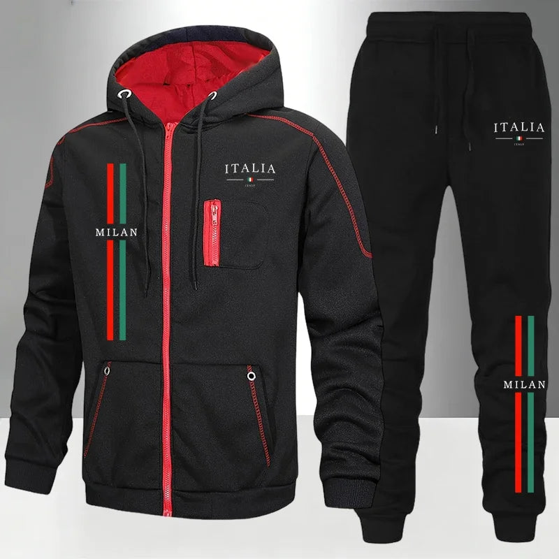 Men's Tracksuit Print Casual Hoodie Sweatshirts Coat Outdoors Sports Jogging Clothing Autumn Winter Warm Single Zip Jacket Pants