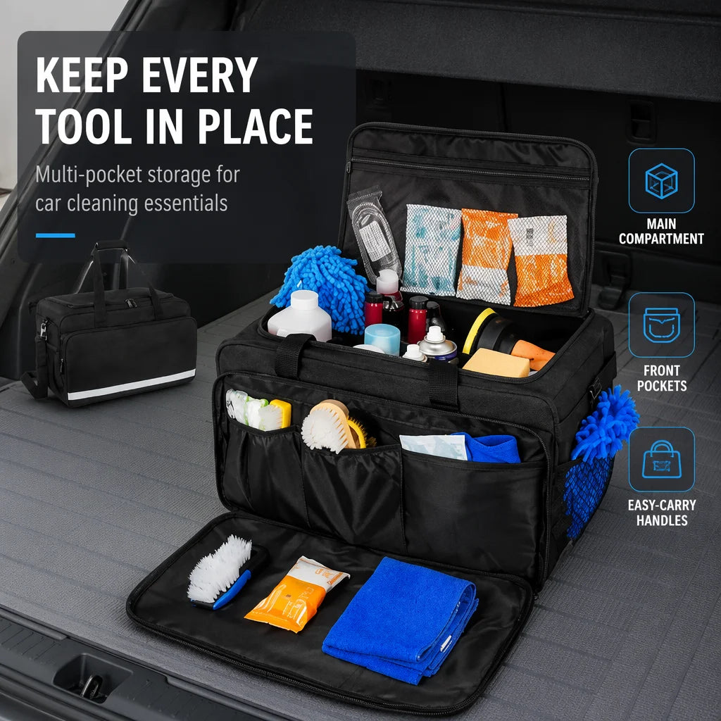 Large Car Detailing Bag, Cleaning Caddy for Auto Detailing Supplies, Car Cleaning Storage Trunk Organizer for Polisher and Vehic