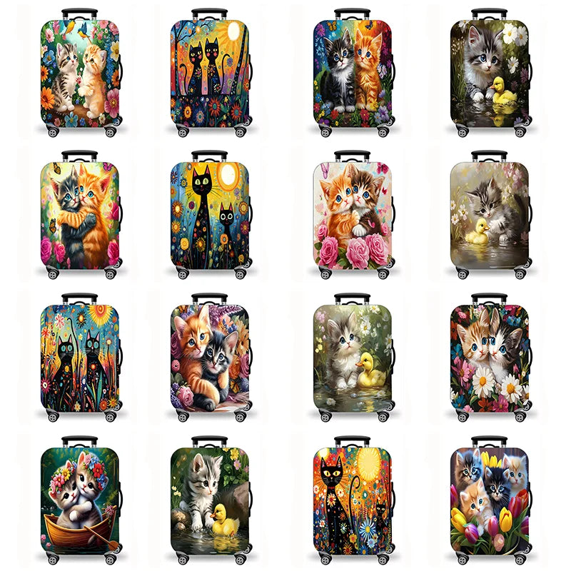 Luggage Cover, Cute Fluffy Kitten Cat Floral Duck Print Stretch Suitcase Protector, Washable Anti-Scratch Travel Baggage Cover
