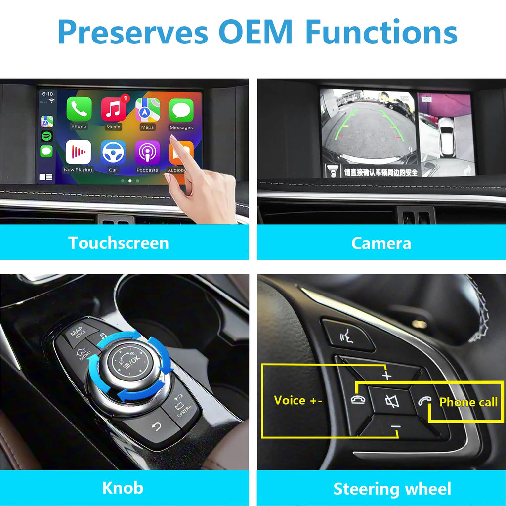 Wireless CarPlay & Android Auto for INFINITI QX30 Q30 2015-2018, Support OEM Bluetooth Audio, Steering Wheel, Mic and Camera