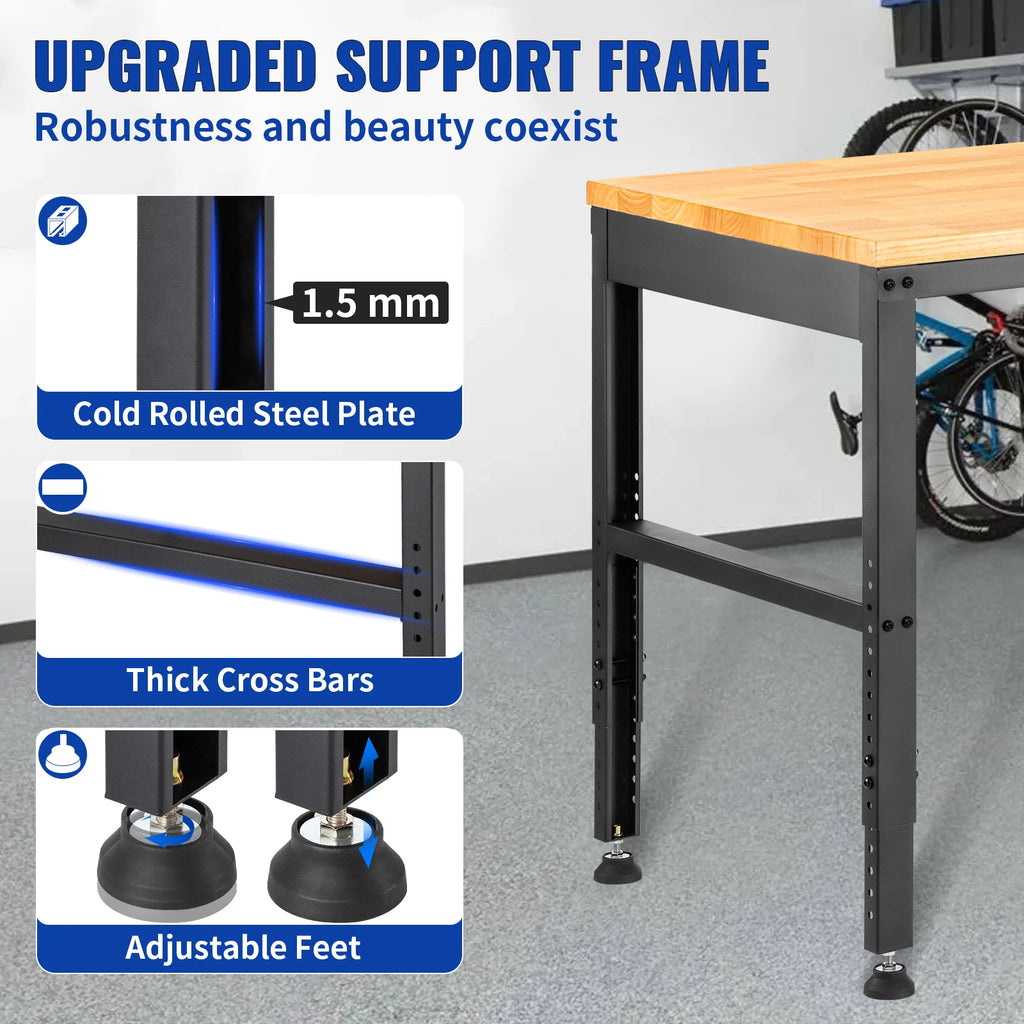 SucceBuy 72cm Woodworking Workbench Adjustable Height Oak Wood Hardwood Top Work Table 900KG Capacity for Office Home Workshop