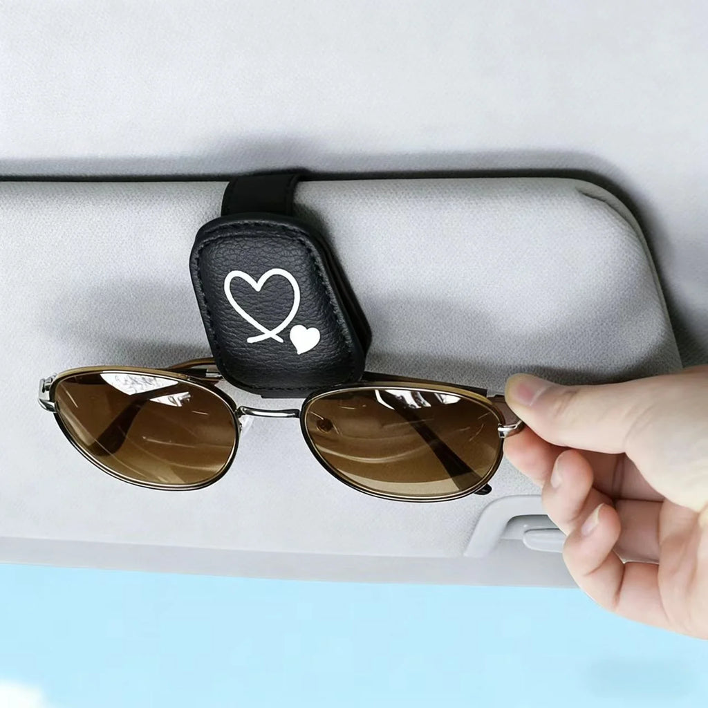 Cute Heart Car Sunglasses Clip, PU Leather Auto Sun Visor Glasses Holder, Universal Car Interior Storage Accessory