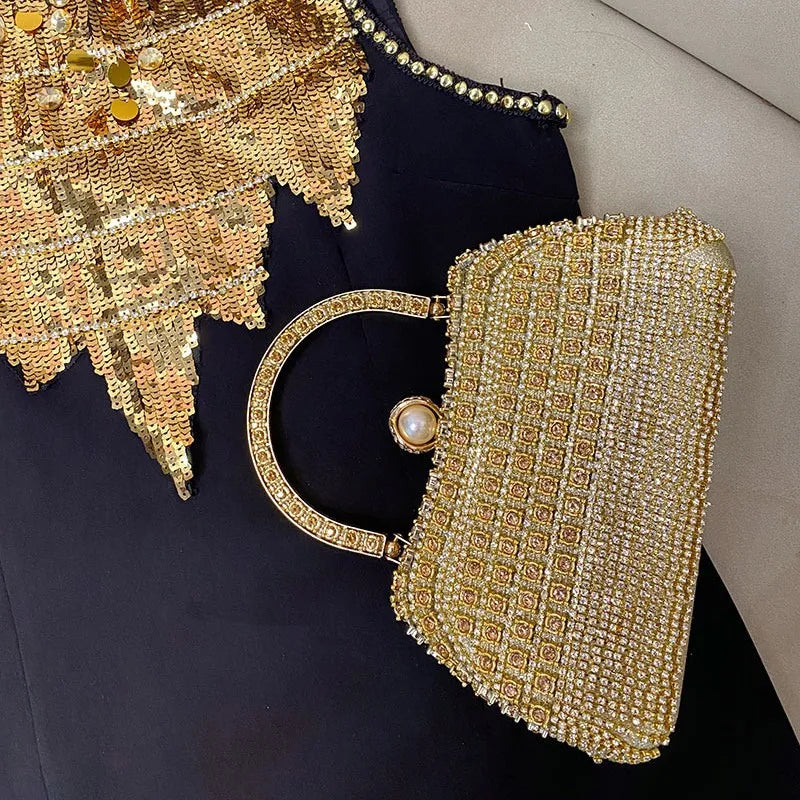 Trendy Gold Rhinestone Bag Fashionable Full Diamond Hand-Held Party Dinner Bag with Polyester Lining