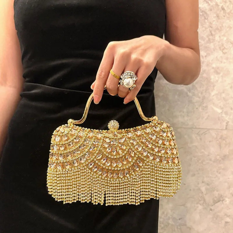 Diamond Evening Clutch Bag Golden Tassel Handbag Boutique Novelty Metallic Rhinestone Purses and Handbags Bridal Wedding Party