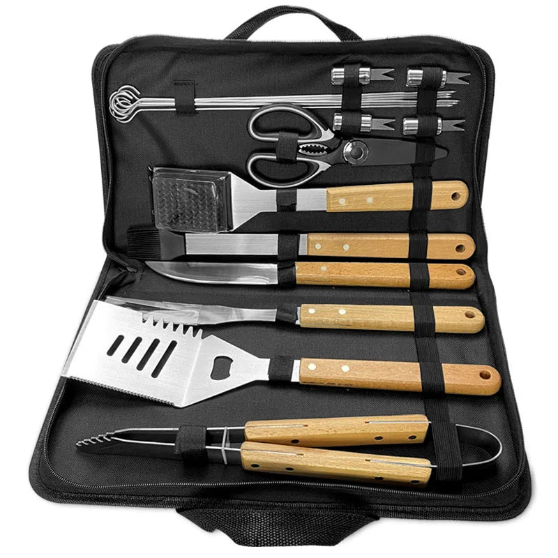 Outdoor Camping Barbecue Tool Combination Wooden Handle Fork Shovel Clip BBQ Accessories Cloth Bag Stainless Steel Grill Set