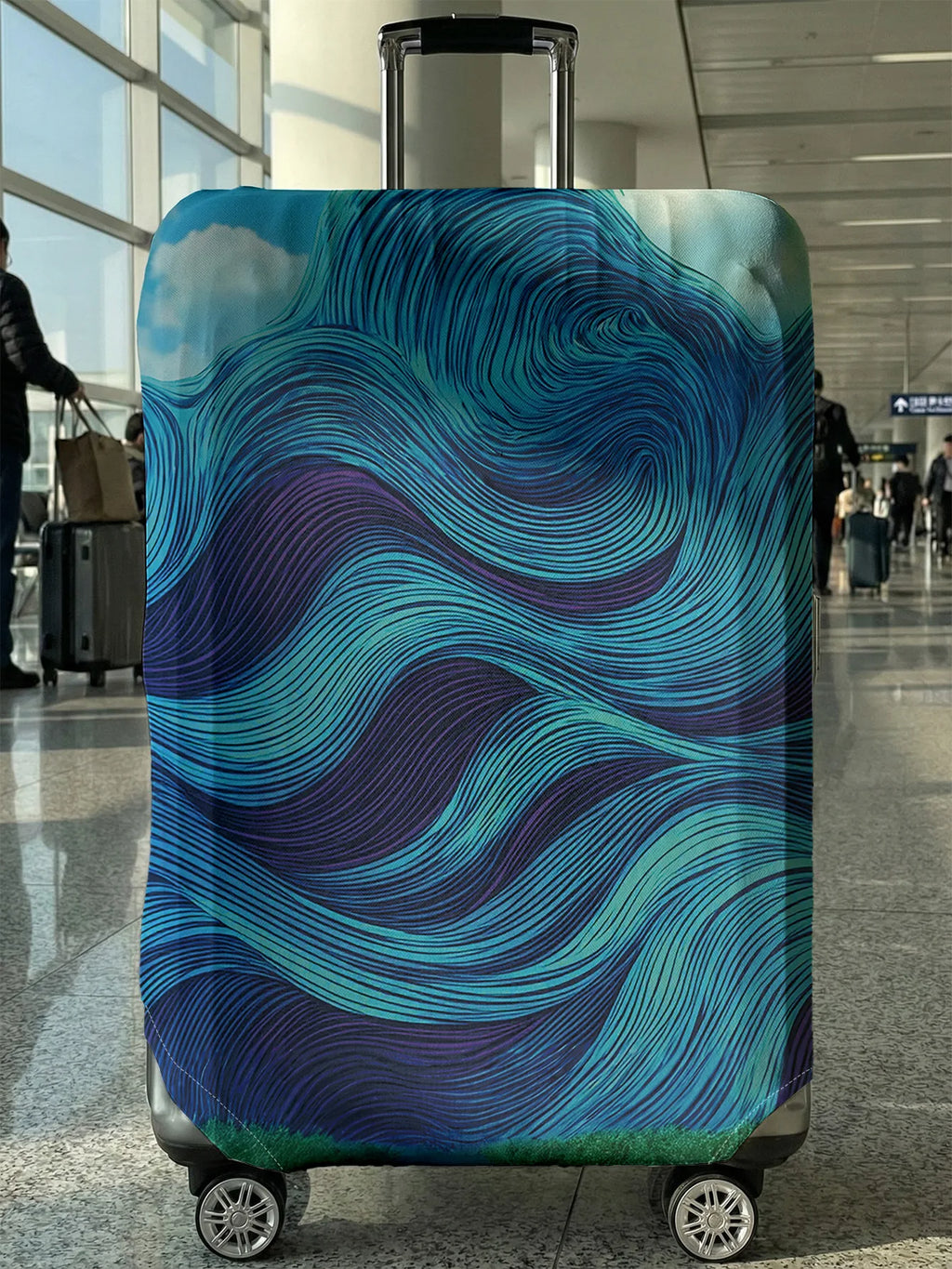 Blue purple wavy line luggage protection cover, suitable for 18-32 inch luggage covers, luggage handle gloves, travel accessorie