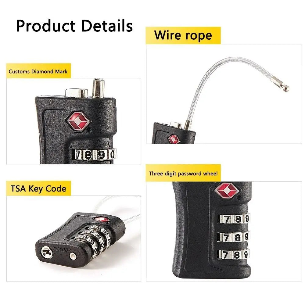 TSA 3 Digit Combination Lock Security Tool Anti-theft Suitcase Luggage Coded Lock Padlock Wire Rope Customs Password Lock Travel