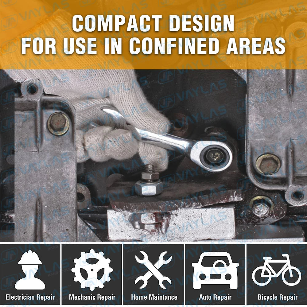 1pc 6-19mm Mini Ratchet Wrench Tool Ultra-short Key Fixed Flex-Head Ratcheting Wrench Stubby Combination Wrench 72T CR-V Steel