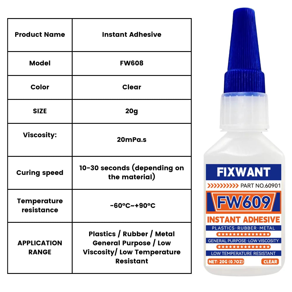 Instant Adhesive FW401/ 403/ 406/ 454/ 460/ 480/ 495/ 496/ 498/ 609 Super Glue Extra Strong Multi-purpose Cyanoacrylate