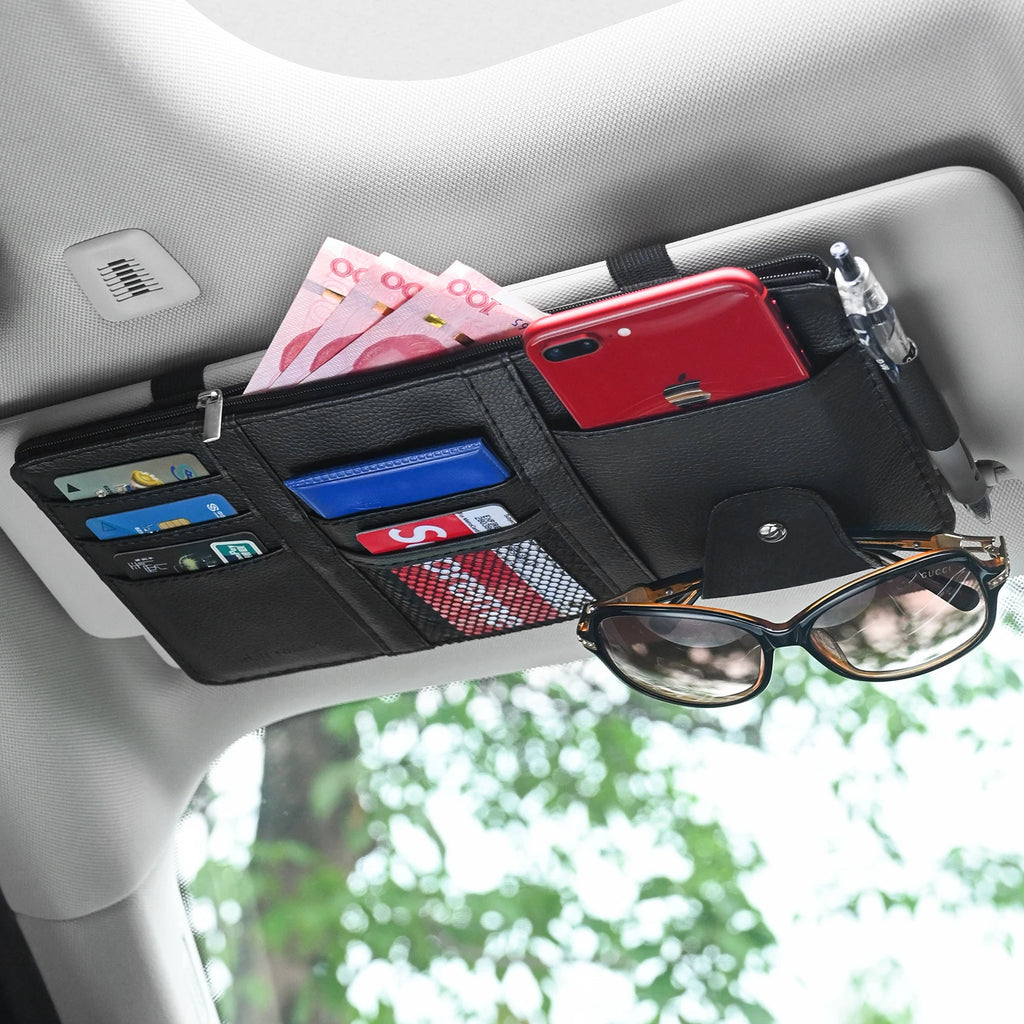 JFBONIN Car Sun Visor Organizer Storage Box with Sunglasses Clip Business Card Holder Bill Pen Holder - Vehicle Interior Accesso