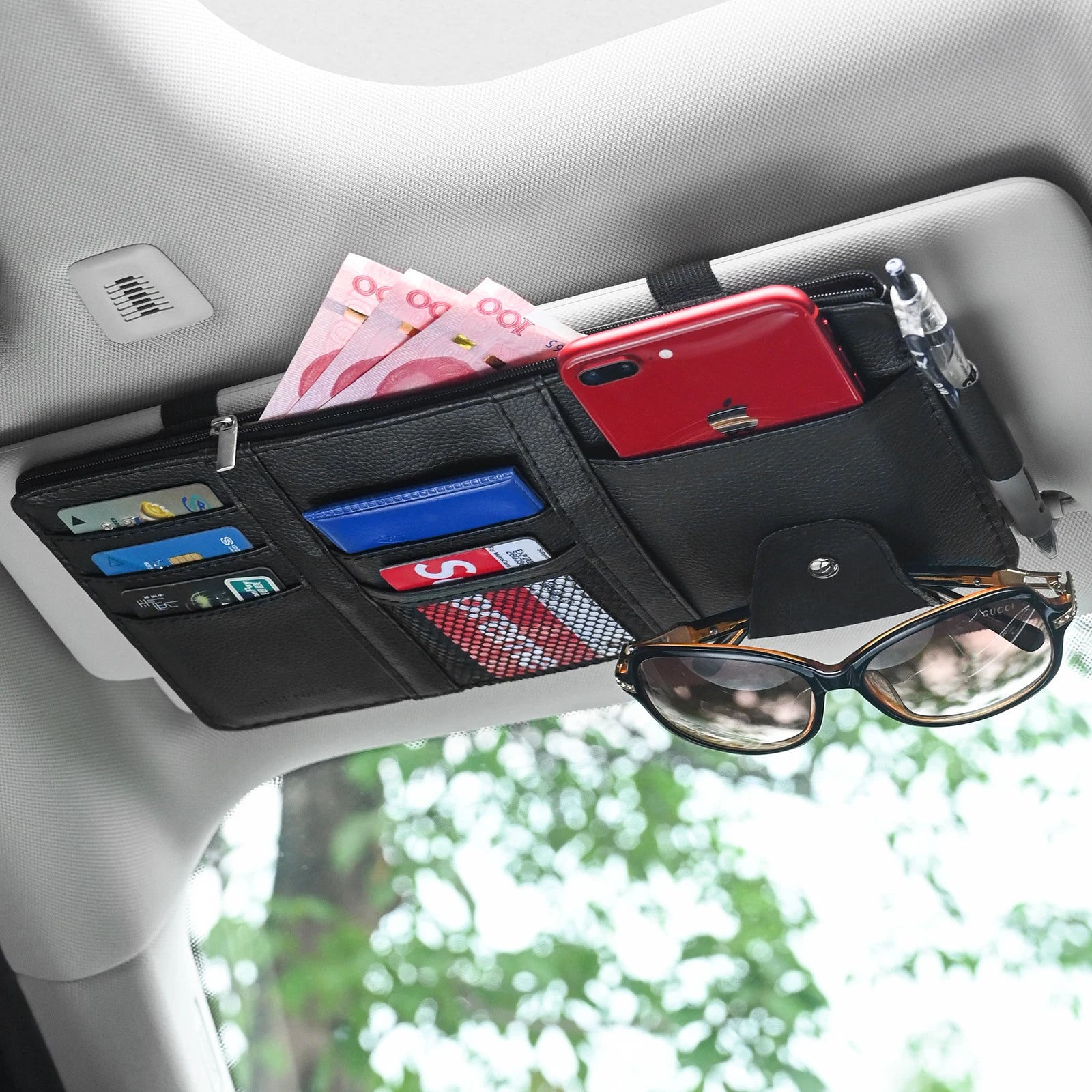 JFBONIN Car Sun Visor Organizer Storage Box with Sunglasses Clip Business Card Holder Bill Pen Holder - Vehicle Interior Accesso